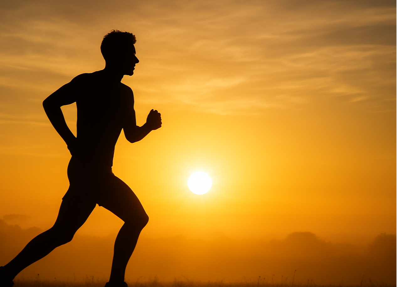 someone running early in the morning with the sun in the background creating a silhouette of the person 